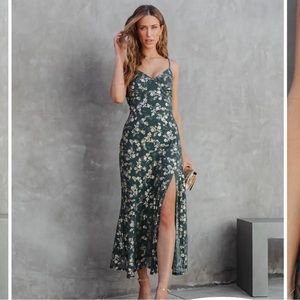 VICI EARNED IT FLORAL METALLIC SLIT MAXI DRESS